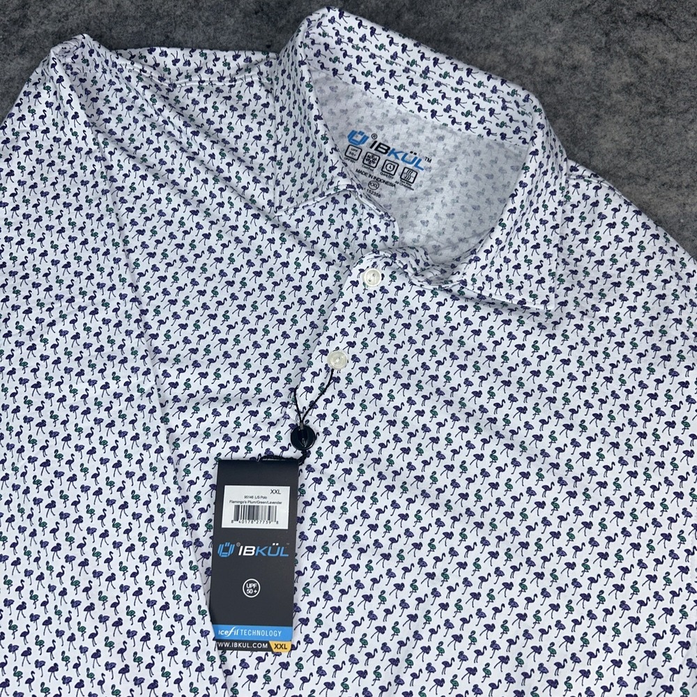 IBKUL Long Sleeve Polo Flamingo Print Men's Size 2XL White Golf Shirt UPF 50 NEW